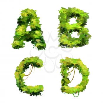Cute cartoon tropical vines and bushes font isolated on white, A B C D glyphs