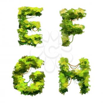 Cute cartoon tropical vines and bushes font isolated on white, E F G H glyphs
