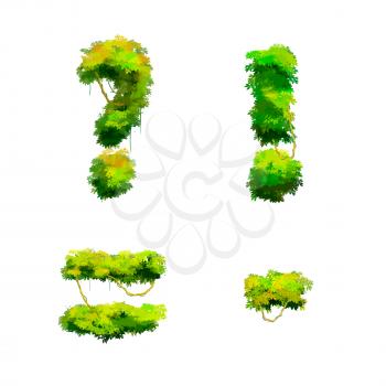 Cute cartoon tropical vines and bushes font isolated on white, punctuation glyphs