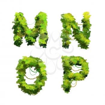 Cute cartoon tropical vines and bushes font isolated on white, M N O P glyphs