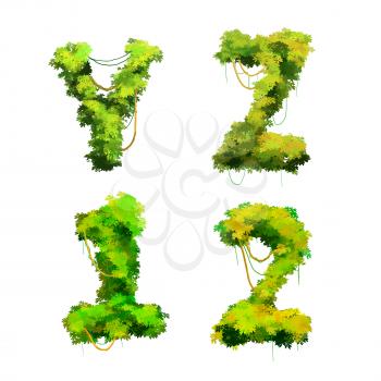 Cute cartoon tropical vines and bushes font isolated on white, Y Z 1 2 glyphs