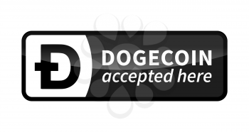 Dogecoin accepted here, black glossy badge isolated on white