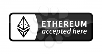 Ethereum accepted here, black glossy badge isolated on white