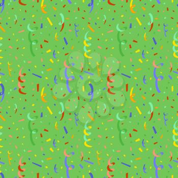 Exploding party popper with colorful serpentine and confetti, flat seamless pattern on green background