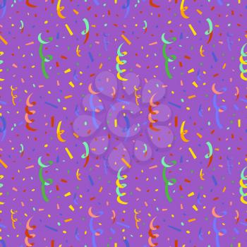 Exploding party popper with colorful serpentine and confetti, flat seamless pattern on purple background