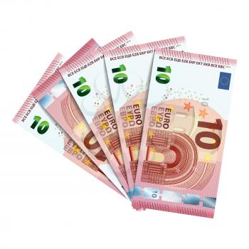 Fifty euro in bundle of banknotes of 10 euro isolated on white