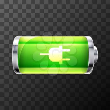 Full bright glossy battery icon with charging symbol on transparent background