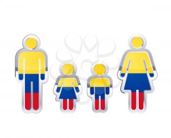Glossy metal badge icon in man, woman and childrens shapes with Colombia flag, infographic element isolated on white