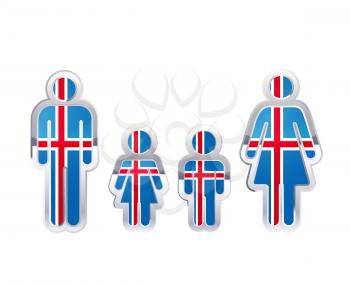 Glossy metal badge icon in man, woman and childrens shapes with Iceland flag, infographic element isolated on white