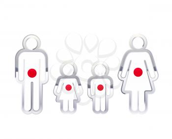 Glossy metal badge icon in man, woman and childrens shapes with Japan flag, infographic element isolated on white