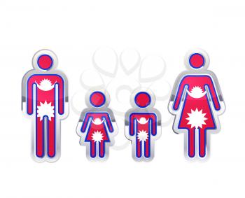 Glossy metal badge icon in man, woman and childrens shapes with Nepal flag, infographic element isolated on white