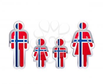 Glossy metal badge icon in man, woman and childrens shapes with Norway flag, infographic element isolated on white