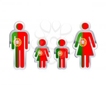 Glossy metal badge icon in man, woman and childrens shapes with Portugal flag, infographic element isolated on white
