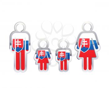 Glossy metal badge icon in man, woman and childrens shapes with Slovakia flag, infographic element isolated on white