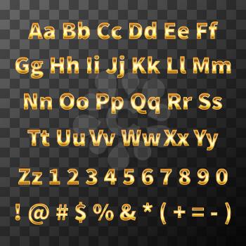 Glossy metal font. Golden latin letters and numbers on transparent background