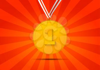 Golden medal for first place on red striped background