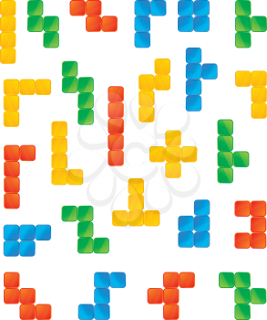 Large set of bright colourful tetris game pieces isolated on white