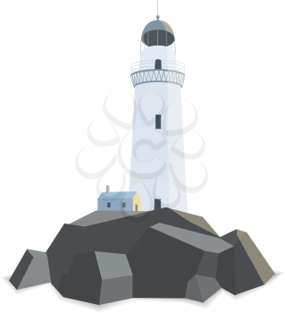 Lighthouse with house on rocks flat illustration isolated on white