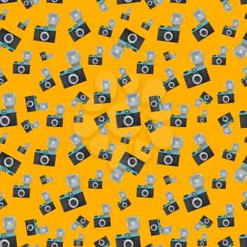 Lomography film camera on orange background vector seamless pattern