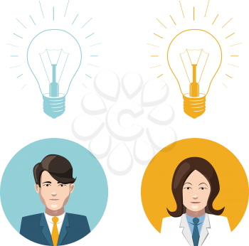 Mans and womans flat avatars with lighting bulb idea icons