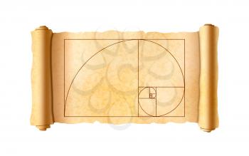 Old textured papyrus scroll with golden ratio proportions scheme isolated on white