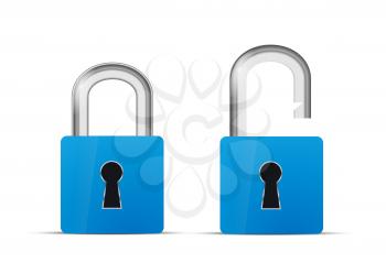 Opened and closed blue realistic lock icon isolated on white