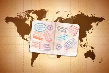Open foreign passport with international visa stamps on ancient world map on old textured paper
