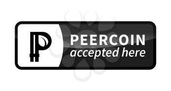 Peercoin accepted here, black glossy badge isolated on white
