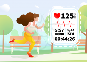 Pretty girl run in a urban park with heartrate monitor display, run dynamic concept