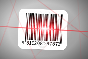 Realistic barcode sticker with bright red rays of barcode reader