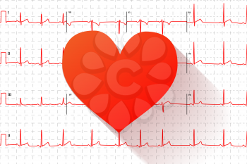Red heart flat icon with long shadow on typical human electrocardiogram graph with marks on white
