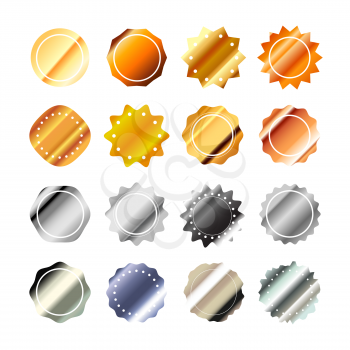 Set of bright glossy golden and silver guarantee labels in retro style isolated on white