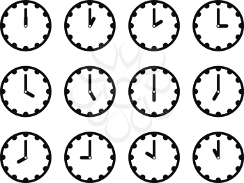 Set of clock faces simple black icons for every hour isolated on white