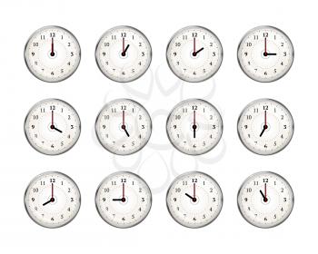 Set of clocks icons for every hour of day isolated on white