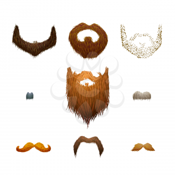 Set of detailed cartoon mustaches and beards isolated on white