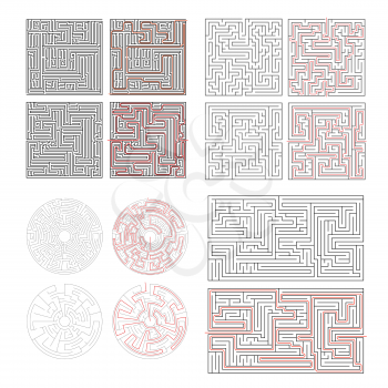Set of different labyrinths with solutions isolated on white