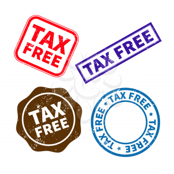 Set of different retro tax free rubber stamps isolated on white