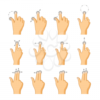 Set of flat colorful icons of touch gestures isolated on white