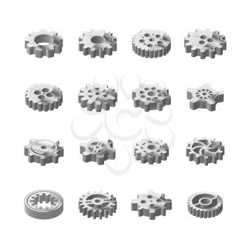 Set of glossy metal cogwheels in isometric view isolated on white