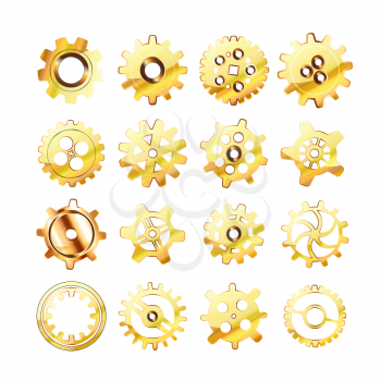 Set of realistic glossy golden cogwheels isolated on white