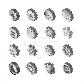 Set of realistic glossy metal gears in isometric view isolated on white
