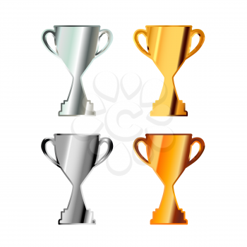 Set of shiny glossy badges of winners cups, made from platinum, gold, silver and cooper. Award icons isolated on white
