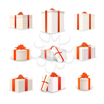 Set of white bright gift boxes with red tapes and bows isolated on white