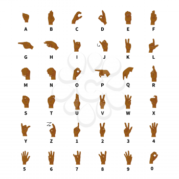 Sign language interpreter, full latin alphabet and numbers, black hands signs isolated on white