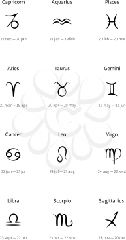 Set of zodiac signs black icons with dates