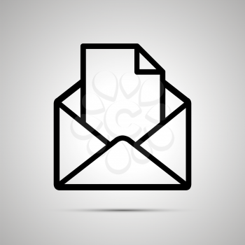 Simple black icon of open envelope with page of document inside with shadow on light background