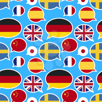 Speech bubbles with different flags on blue background, seamless pattern