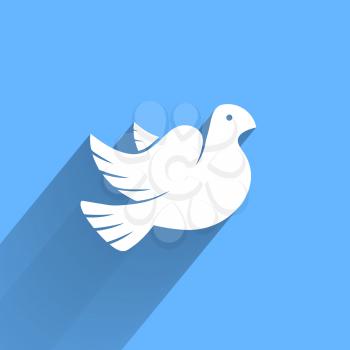 Stylized pigeon of peace white icon with long shadow in the blue sky