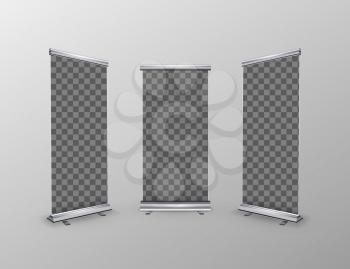 Three blank realistic roll-up banner with transparent place for advertise poster