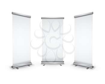 Three blank roll-up banners with shadow isolated on white